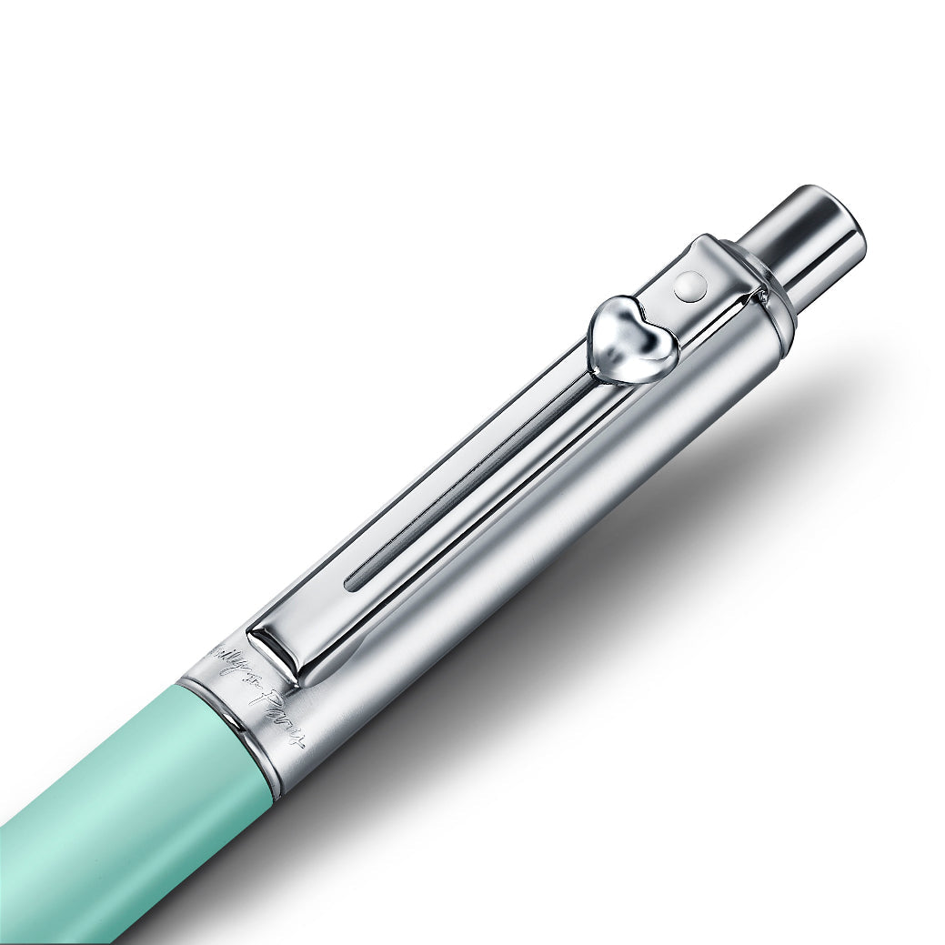 Sheaffer Sentinel Emily in Paris 321 Green Matte Finish Ballpoint Pen with Chrome-Plated Trims and Heart-Shaped Clip Emblem clip details