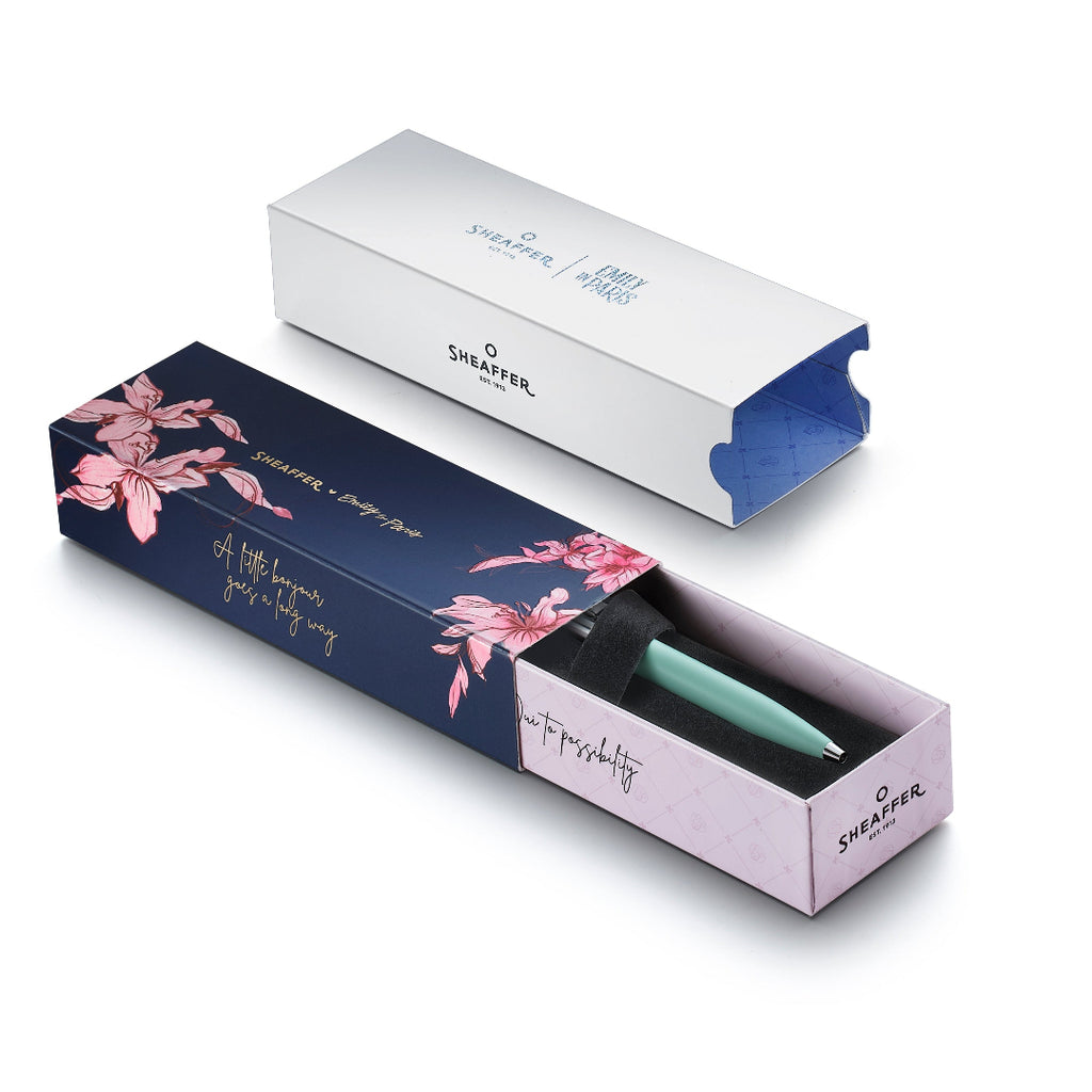 Sheaffer Sentinel Emily in Paris 321 Green Matte Finish Ballpoint Pen with Chrome-Plated Trims and Heart-Shaped Clip Emblem in packaging