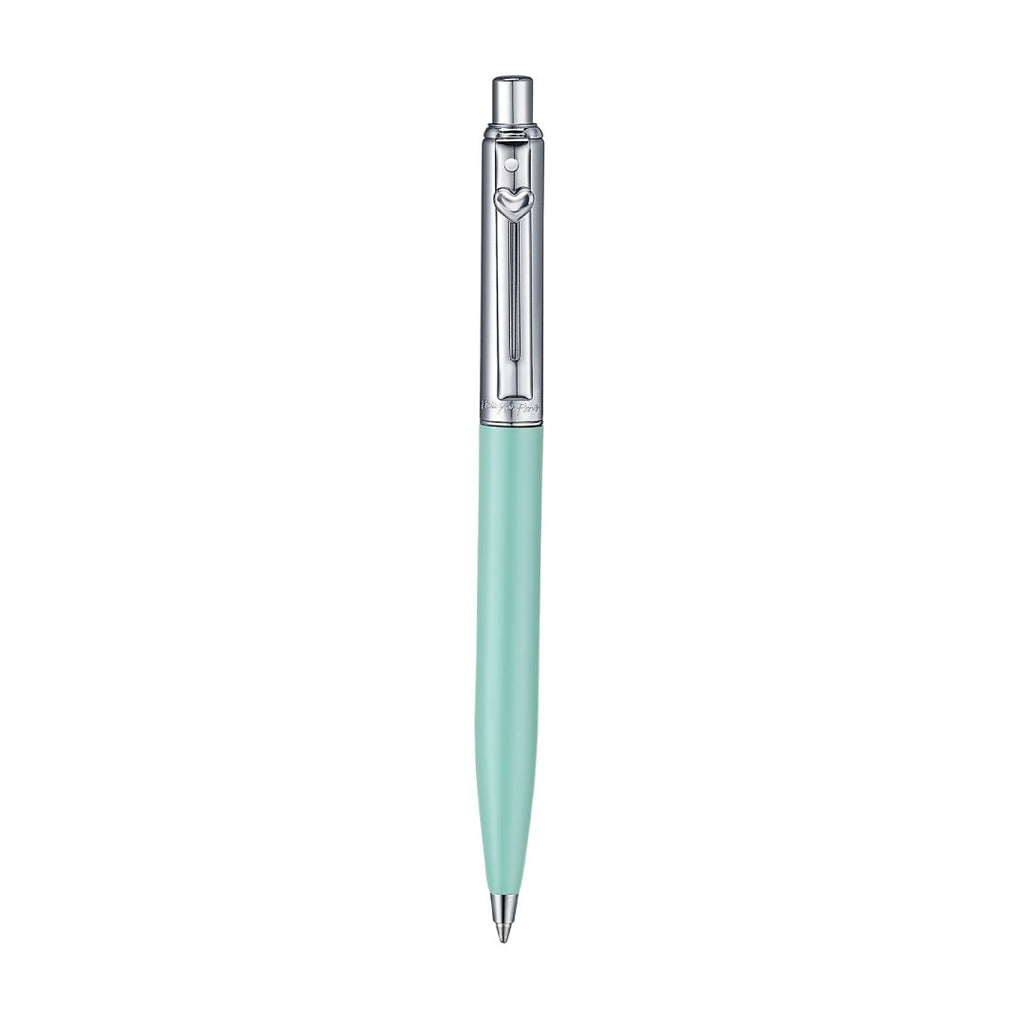 Sheaffer Sentinel Emily in Paris 321 Green Matte Finish Ballpoint Pen with Chrome-Plated Trims and Heart-Shaped Clip Emblem upright front view