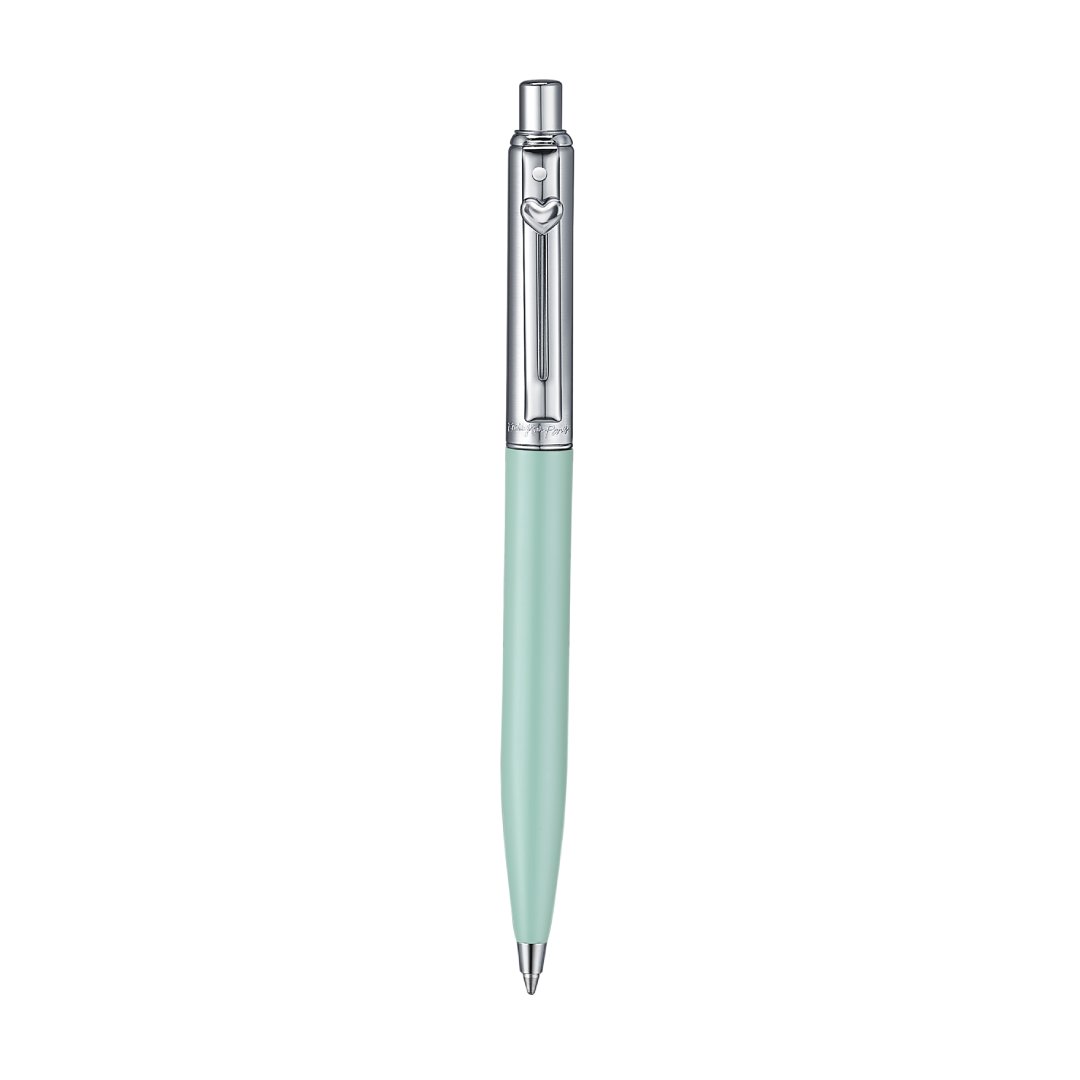 Sheaffer Sentinel Emily in Paris 321 Green Matte Finish Ballpoint Pen with Chrome-Plated Trims and Heart-Shaped Clip Emblem upright front view