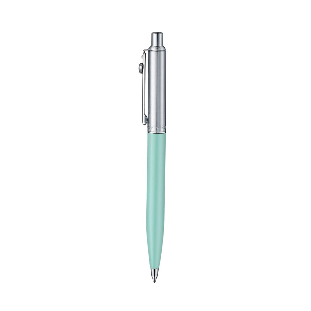 Sheaffer Sentinel Emily in Paris 321 Green Matte Finish Ballpoint Pen with Chrome-Plated Trims and Heart-Shaped Clip Emblem upright side profile