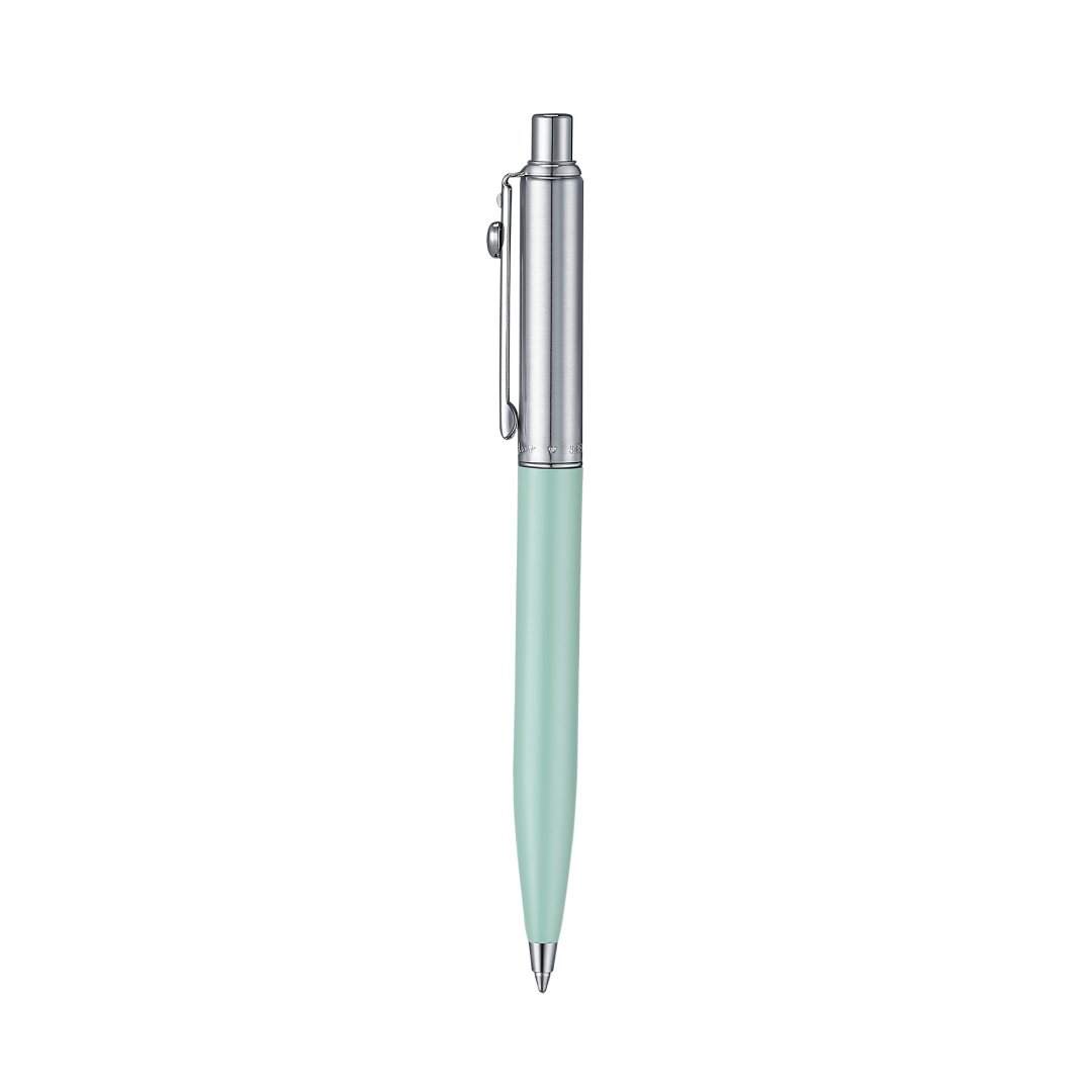 Sheaffer Sentinel Emily in Paris 321 Green Matte Finish Ballpoint Pen with Chrome-Plated Trims and Heart-Shaped Clip Emblem upright side profile