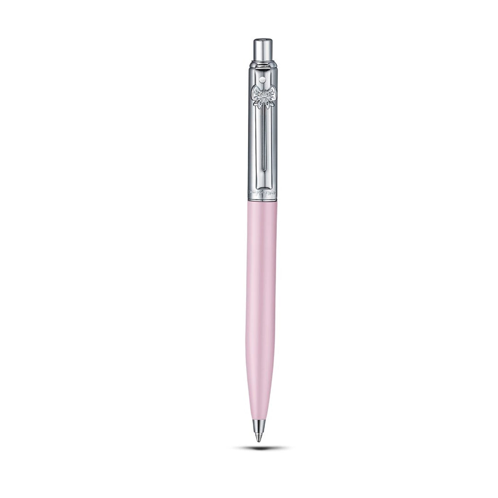 Sheaffer Sentinel Emily in Paris 321 Pink Matte Finish Ballpoint Pen with Chrome-Plated Trims and Bow-Shaped Clip Emblem upright front view