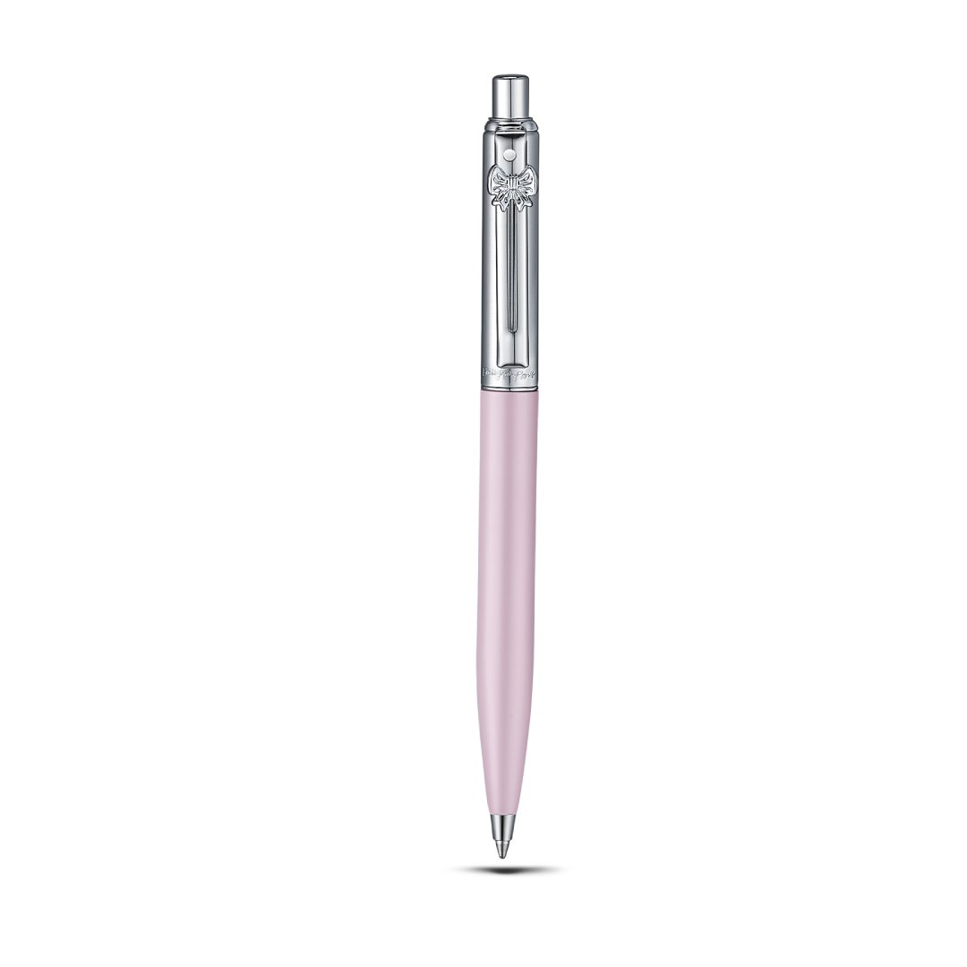 Sheaffer Sentinel Emily in Paris 321 Pink Matte Finish Ballpoint Pen with Chrome-Plated Trims and Bow-Shaped Clip Emblem upright front view
