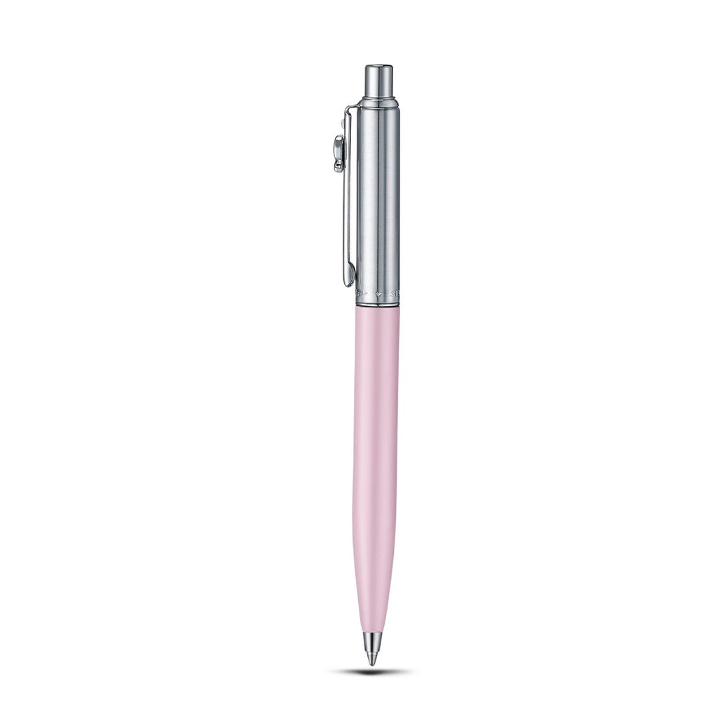 Sheaffer Sentinel Emily in Paris 321 Pink Matte Finish Ballpoint Pen with Chrome-Plated Trims and Bow-Shaped Clip Emblem upright side profile