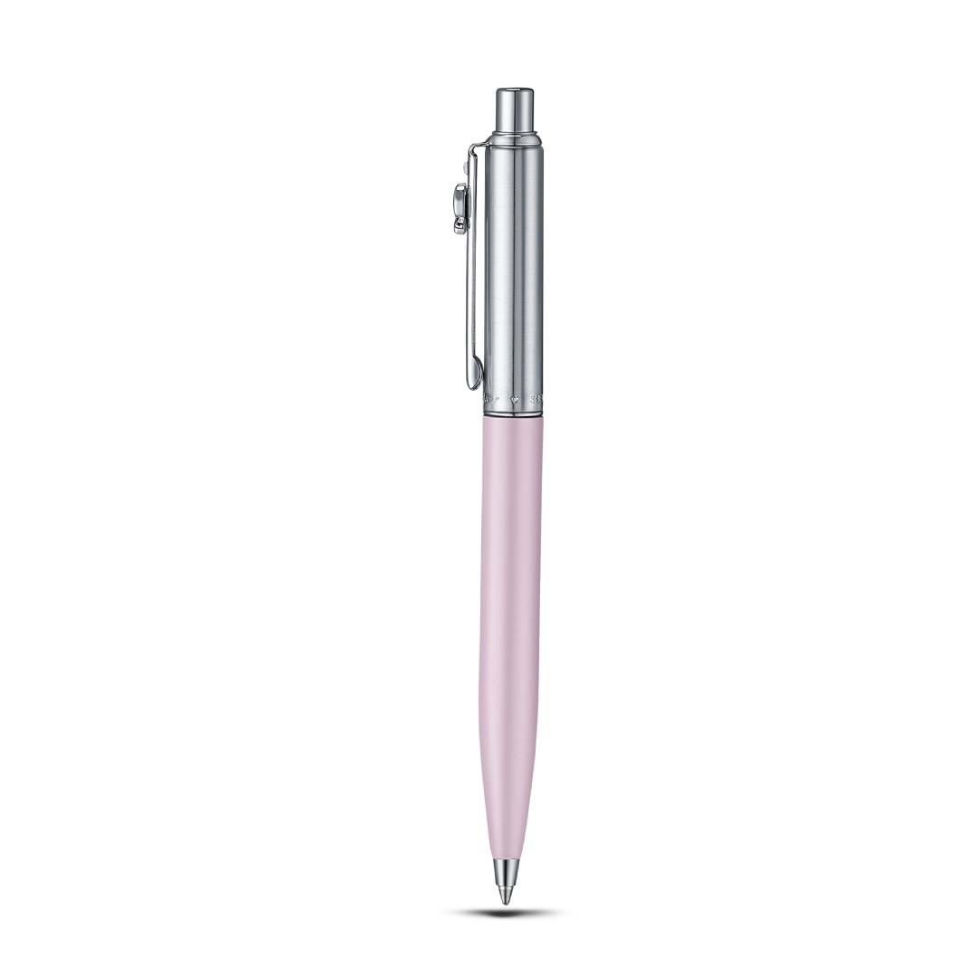Sheaffer Sentinel Emily in Paris 321 Pink Matte Finish Ballpoint Pen with Chrome-Plated Trims and Bow-Shaped Clip Emblem upright side profile