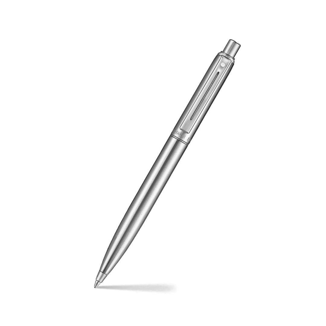 Sheaffer Sentinel Metal 330 Brushed Chrome Ballpoint Pen with Chrome Trims angled writing shot