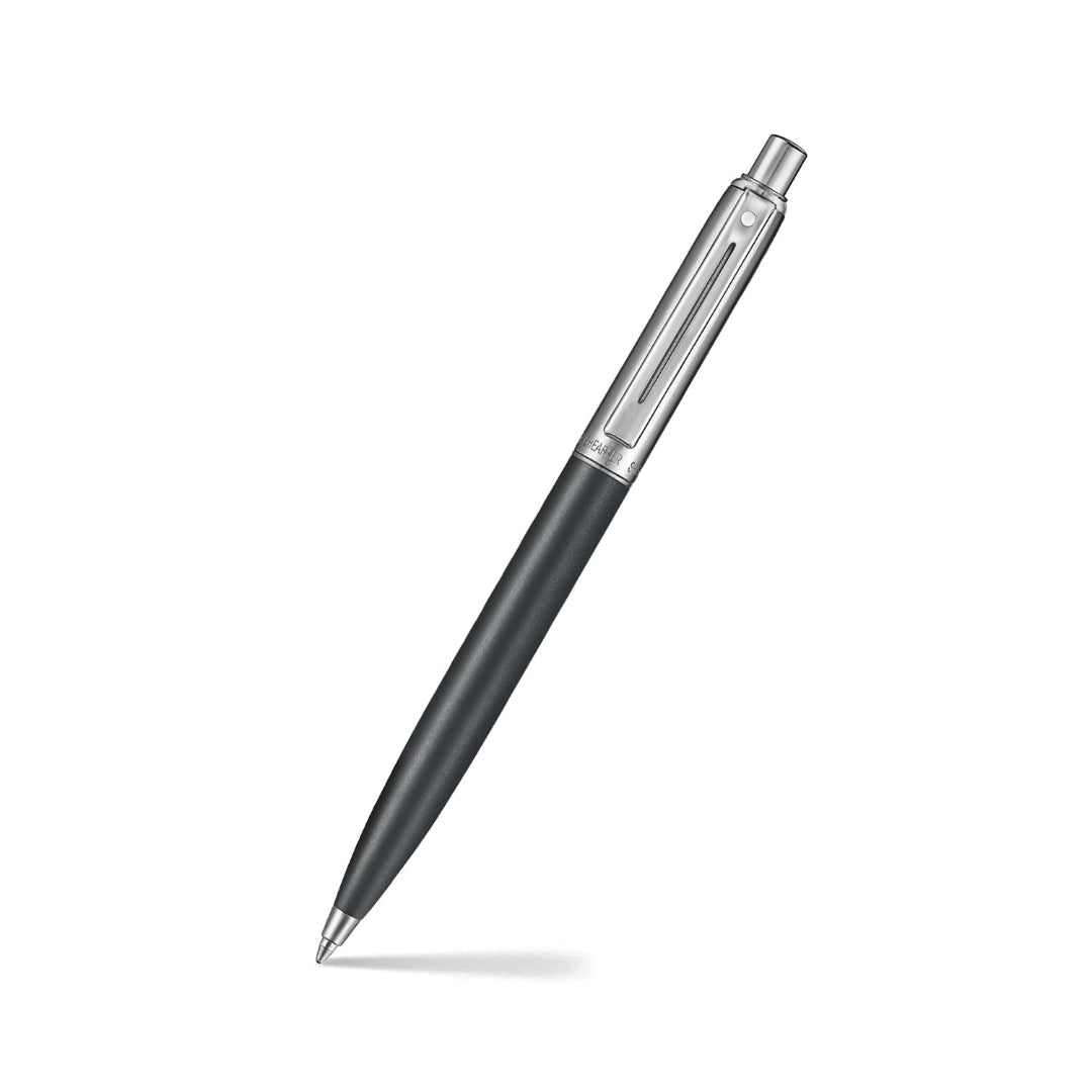 Sheaffer Sentinel Metal 331 Matte Black Barrel and Brushed Chrome Cap Ballpoint Pen with Chrome Trims angled writing shot