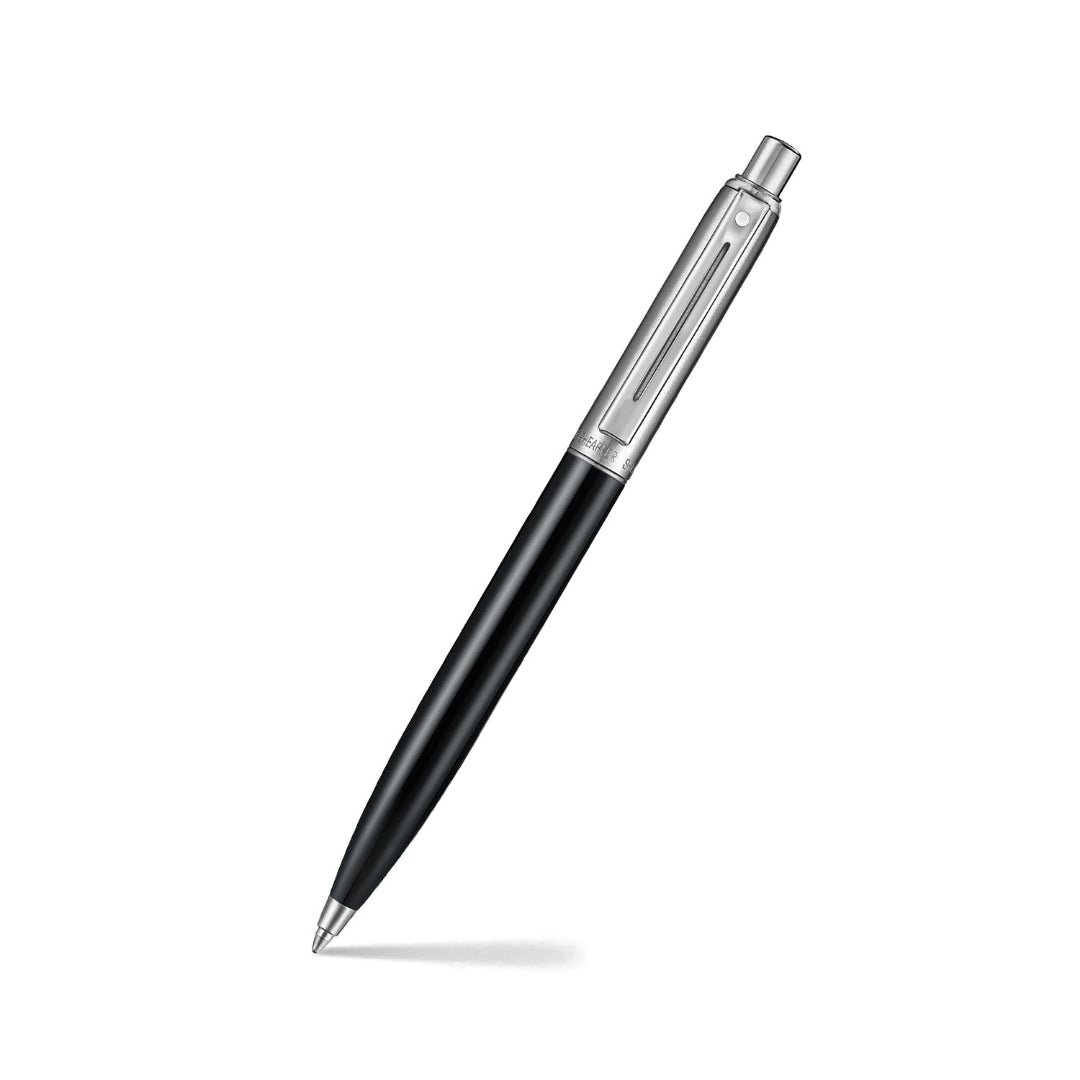 Sheaffer Sentinel Metal 332 Glossy Black Barrel and Brushed Chrome Ballpoint Pen with Chrome Trims angled writing shot