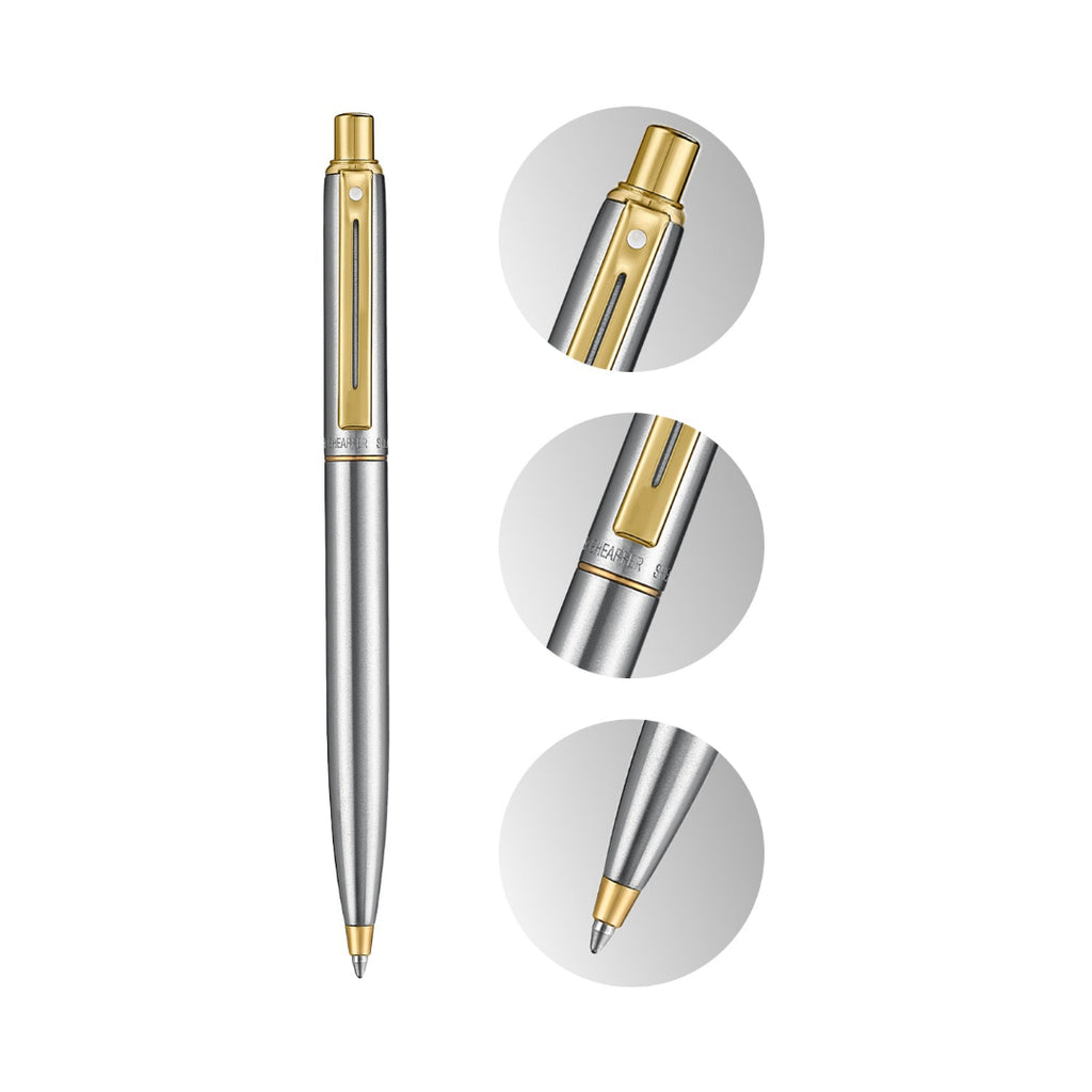 Sheaffer Sentinel Metal 333 Brushed Chrome Ballpoint Pen with Gold Trims with details