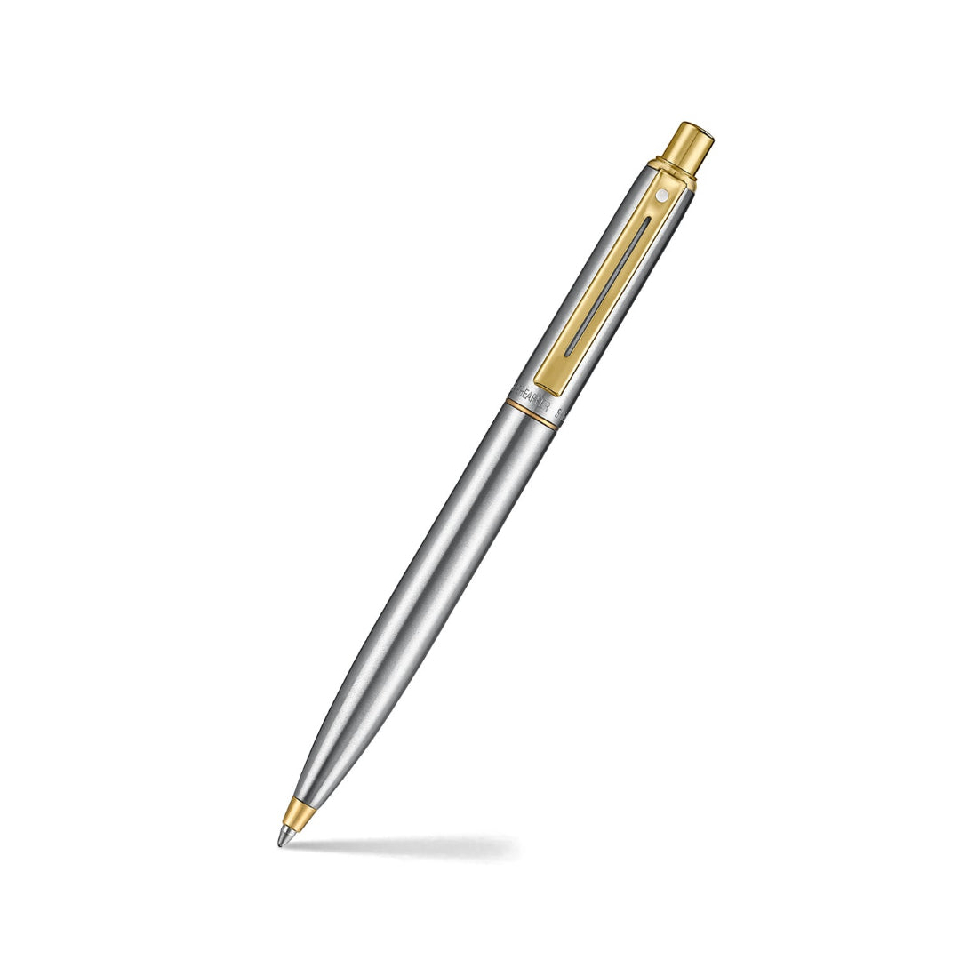 Sheaffer Sentinel Metal 333 Brushed Chrome Ballpoint Pen with Gold Trims angled writing shot