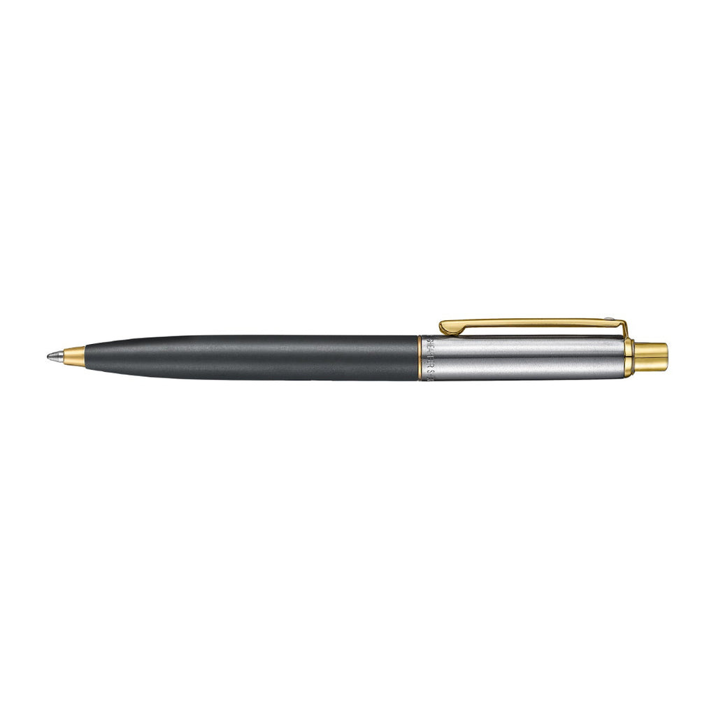 Sheaffer Sentinel Metal 334 Matte Black Barrel and Brushed Chrome Cap Ballpoint Pen with Gold Trims full side profile