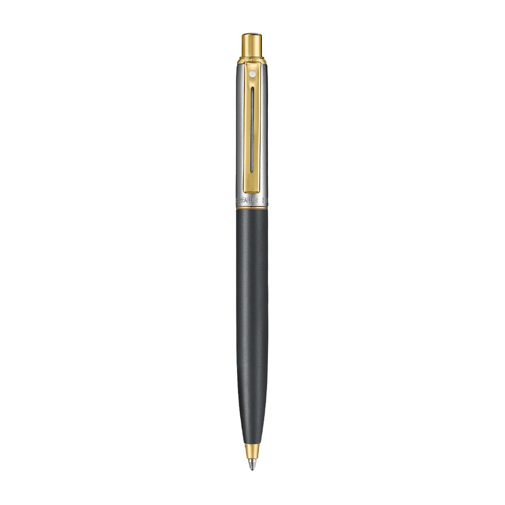 Sheaffer Sentinel Metal 334 Matte Black Barrel and Brushed Chrome Cap Ballpoint Pen with Gold Trims side profile