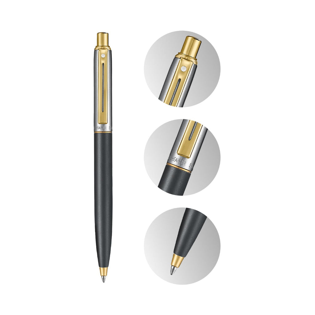 Sheaffer Sentinel Metal 334 Matte Black Barrel and Brushed Chrome Cap Ballpoint Pen with Gold Trims with details