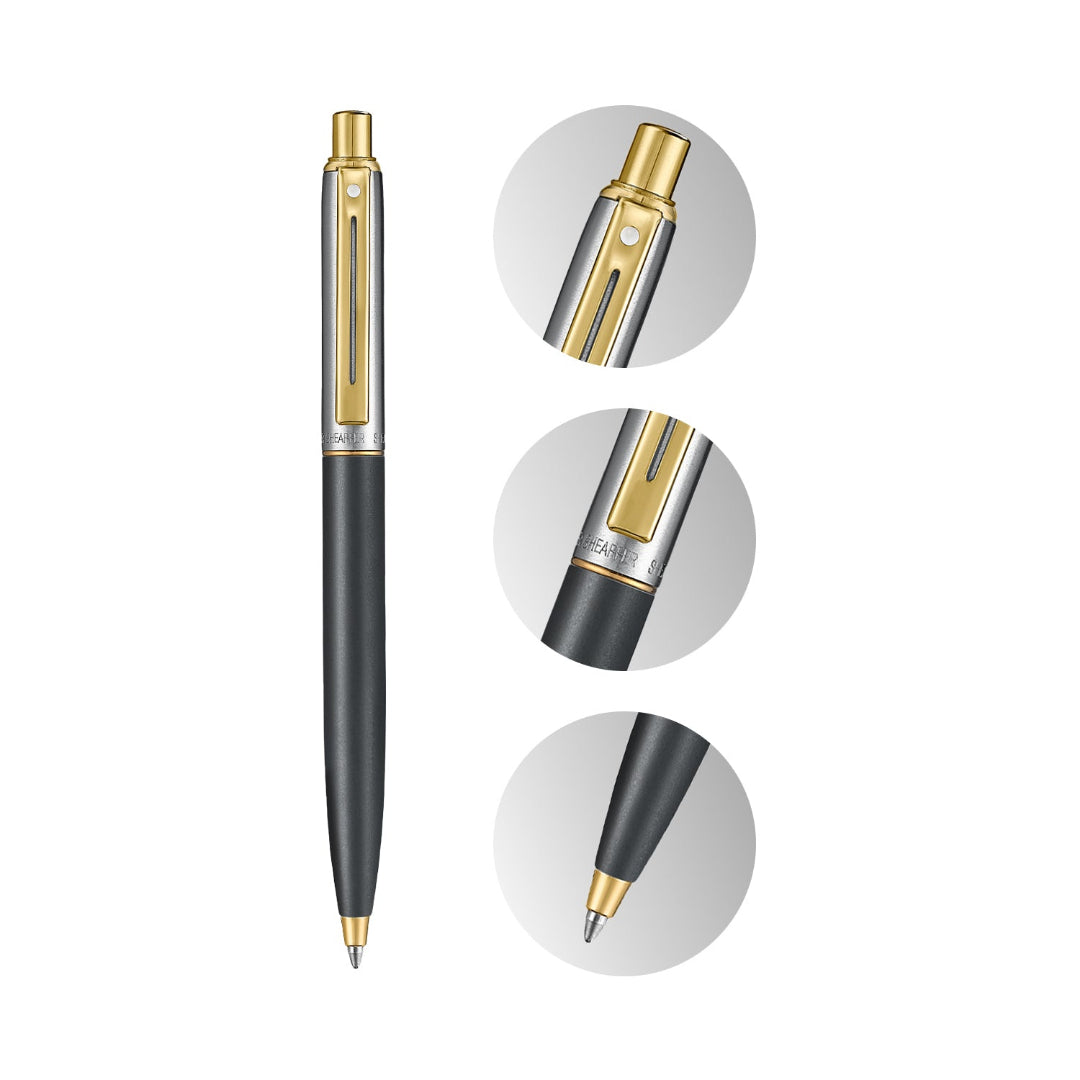 Sheaffer Sentinel Metal 334 Matte Black Barrel and Brushed Chrome Cap Ballpoint Pen with Gold Trims with details