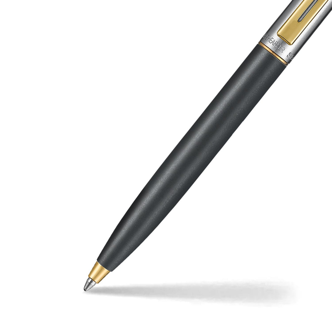 Sheaffer Sentinel Metal 334 Matte Black Barrel and Brushed Chrome Cap Ballpoint Pen with Gold Trims barrel and tip section