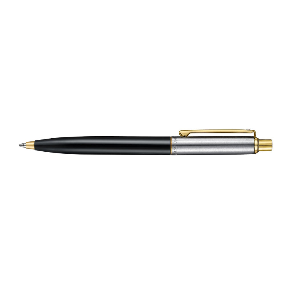 Sheaffer Sentinel Metal 335 Glossy Black Barrel and Brushed Chrome Ballpoint Pen with Gold Trims full side profile
