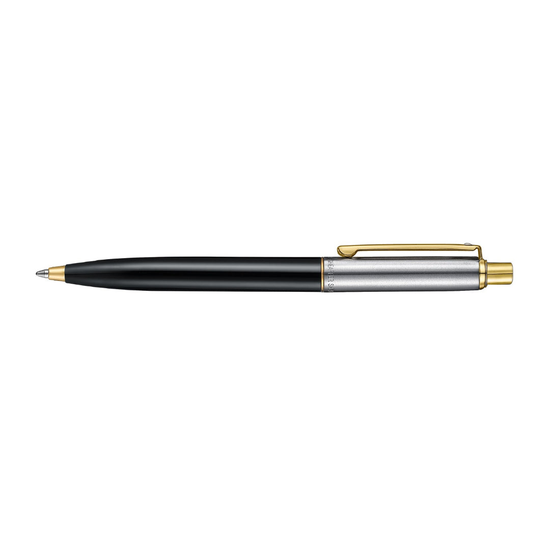 Sheaffer Sentinel Metal 335 Glossy Black Barrel and Brushed Chrome Ballpoint Pen with Gold Trims full side profile