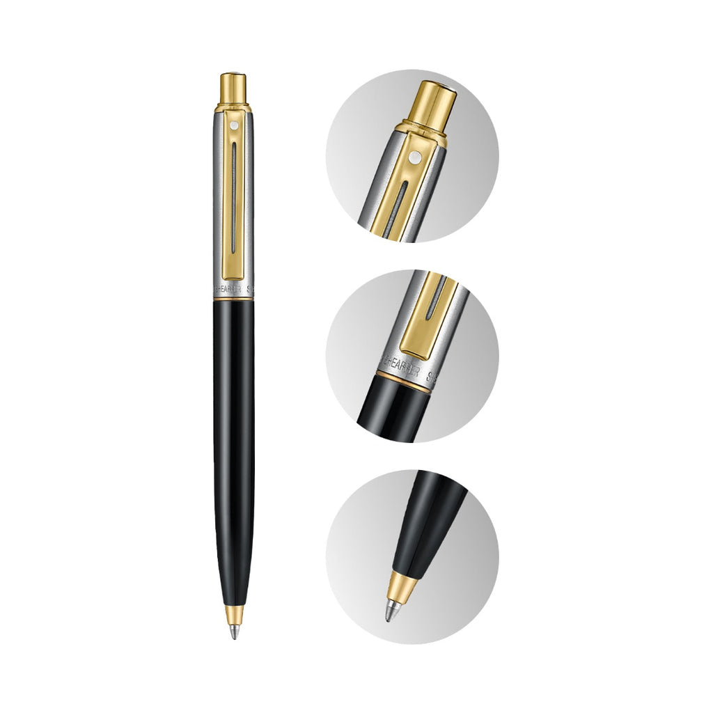 Sheaffer Sentinel Metal 335 Glossy Black Barrel and Brushed Chrome Ballpoint Pen with Gold Trims with details