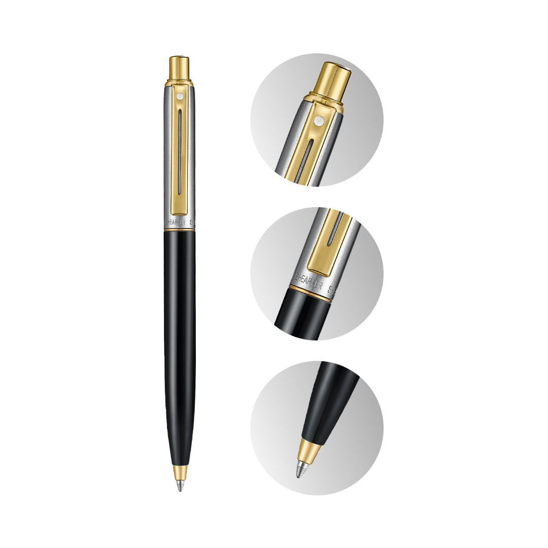 Sheaffer Sentinel Metal 335 Glossy Black Barrel and Brushed Chrome Ballpoint Pen with Gold Trims with details