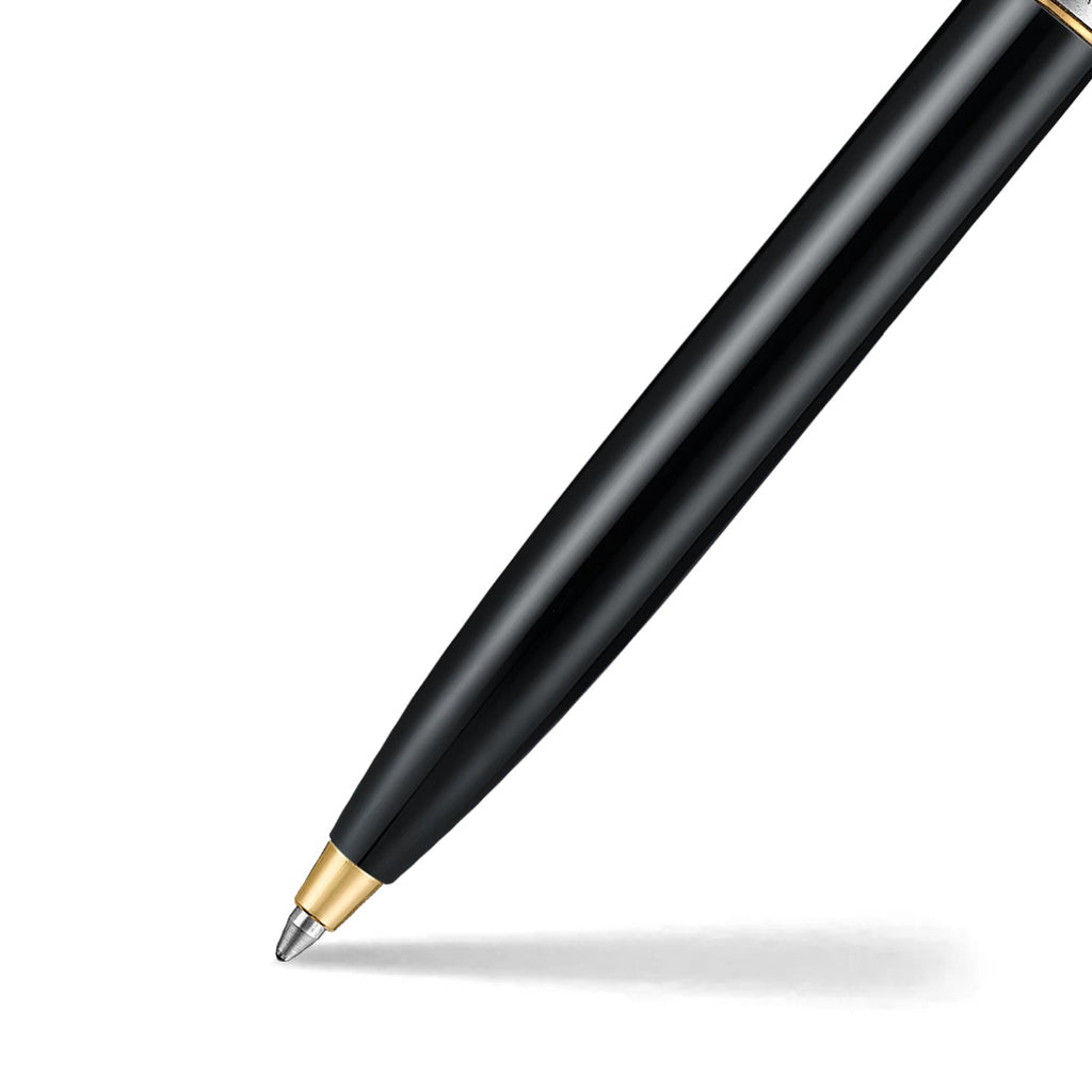 Sheaffer Sentinel Metal 335 Glossy Black Barrel and Brushed Chrome Ballpoint Pen with Gold Trims barrel and tip section
