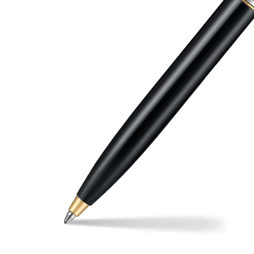 Sheaffer Sentinel Metal 335 Glossy Black Barrel and Brushed Chrome Ballpoint Pen with Gold Trims barrel and tip section
