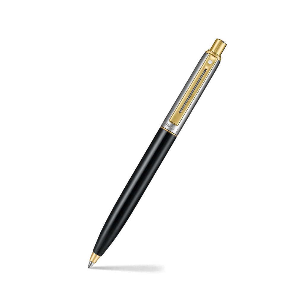 Sheaffer Sentinel Metal 335 Glossy Black Barrel and Brushed Chrome Ballpoint Pen with Gold Trims angled writing shot