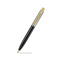 Sheaffer Sentinel Metal 335 Glossy Black Barrel and Brushed Chrome Ballpoint Pen with Gold Trims angled writing shot