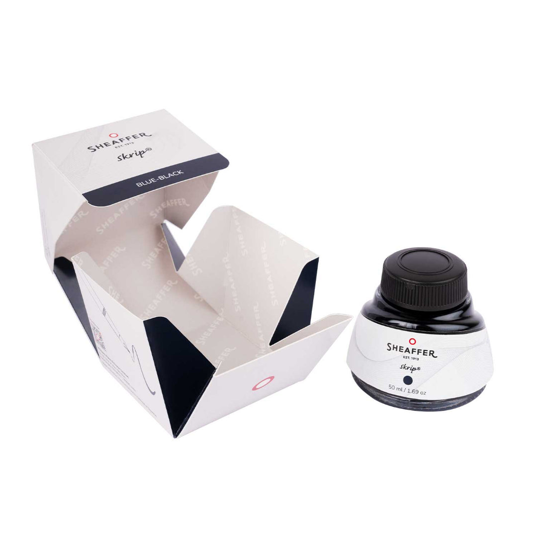 Sheaffer Skrip Ink Bottle (50 ml) Blue Black beside open packaging