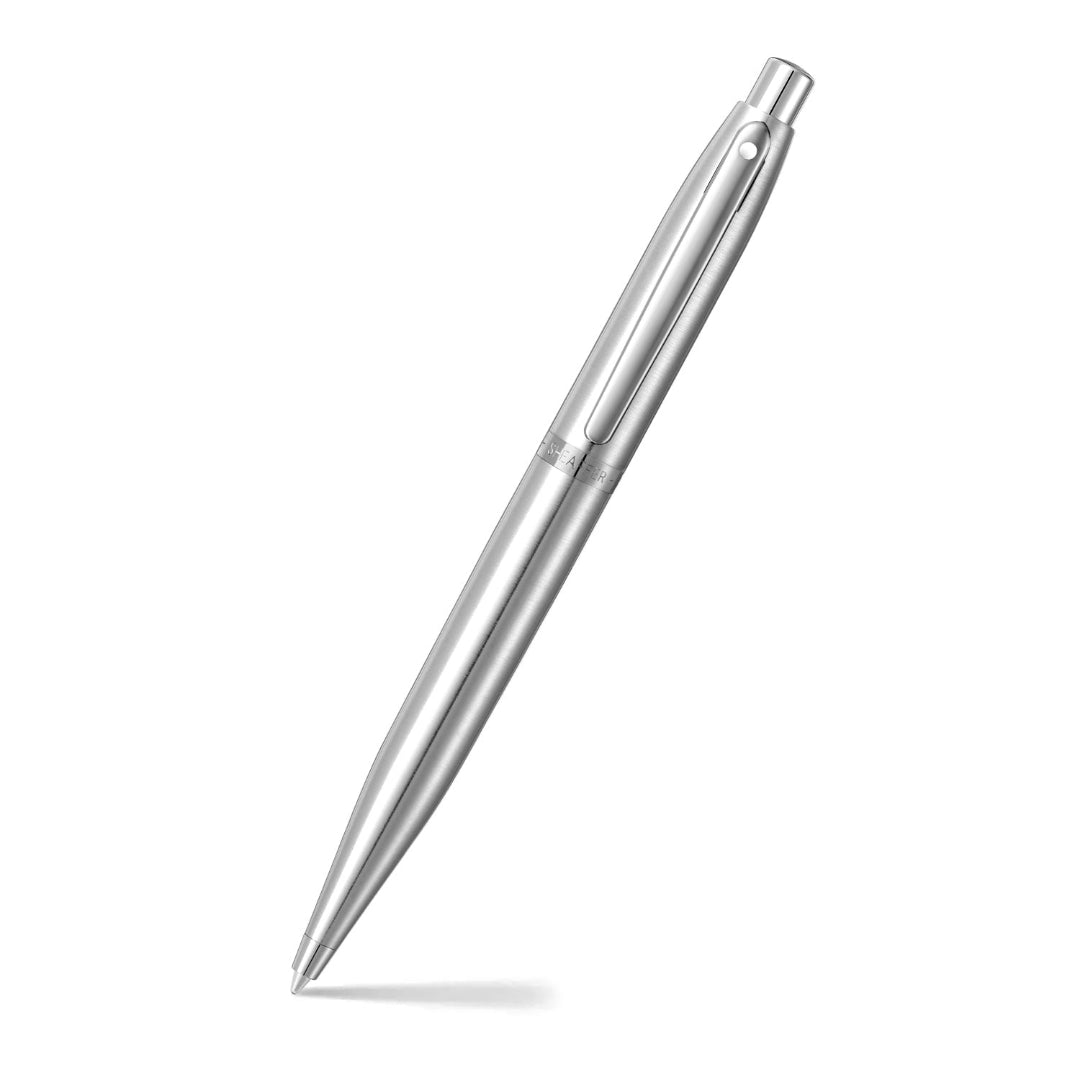 Sheaffer VFM 9426 Brushed Chrome Ballpoint Pen With Chrome Trim angled writing shot