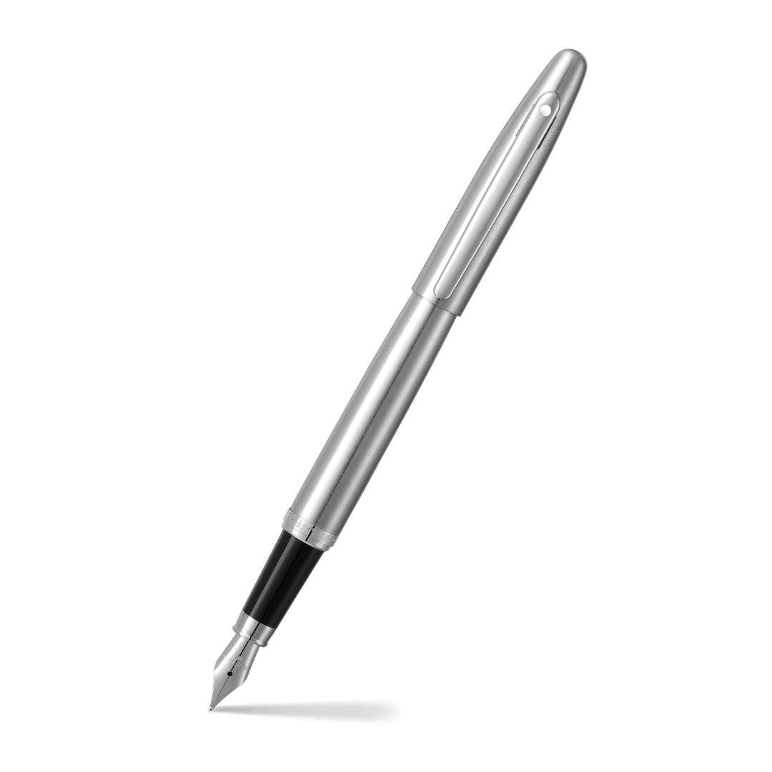 Sheaffer VFM 9426 Brushed Chrome Fountain Pen With Chrome Trim - Medium Nib angled writing shot