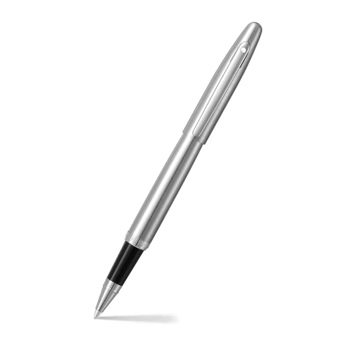 Sheaffer VFM 9426 Brushed Chrome Rollerball Pen With Chrome Trim angled writing shot