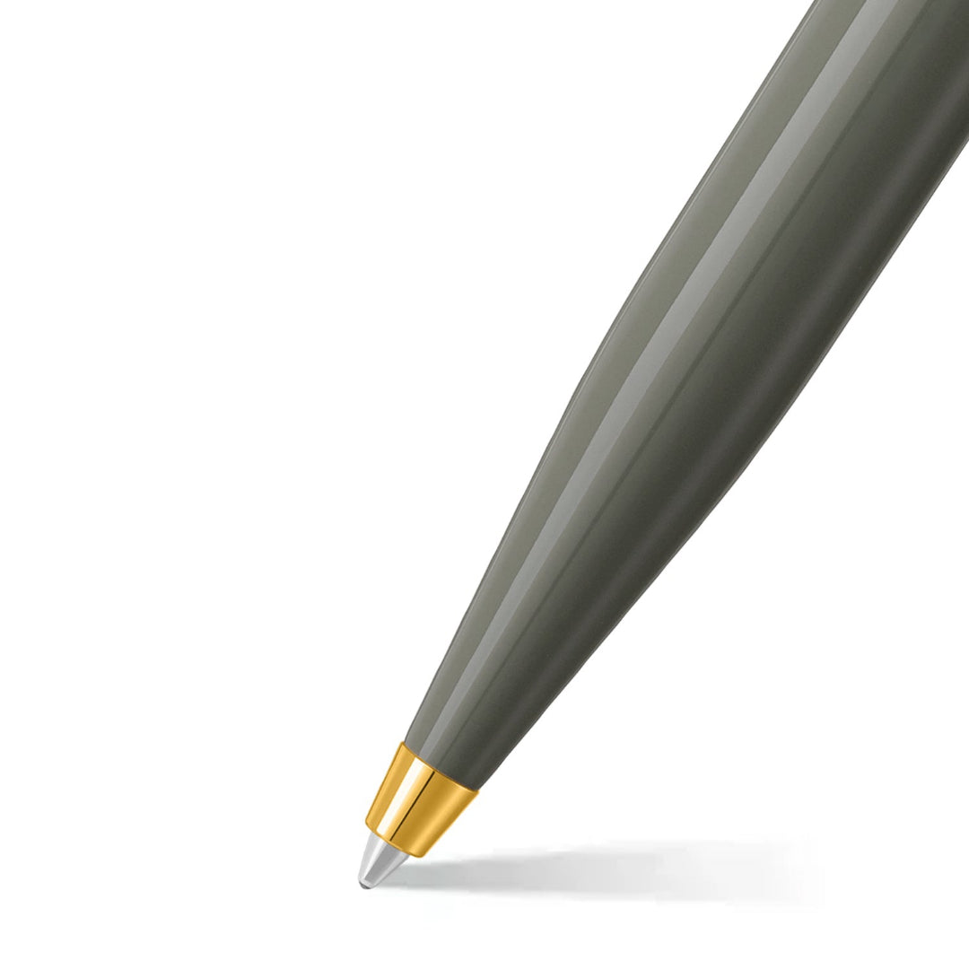 Sheaffer VFM 9427 Glossy Light Gray Ballpoint Pen With PVD Gold-Tone Trim barrel and tip section