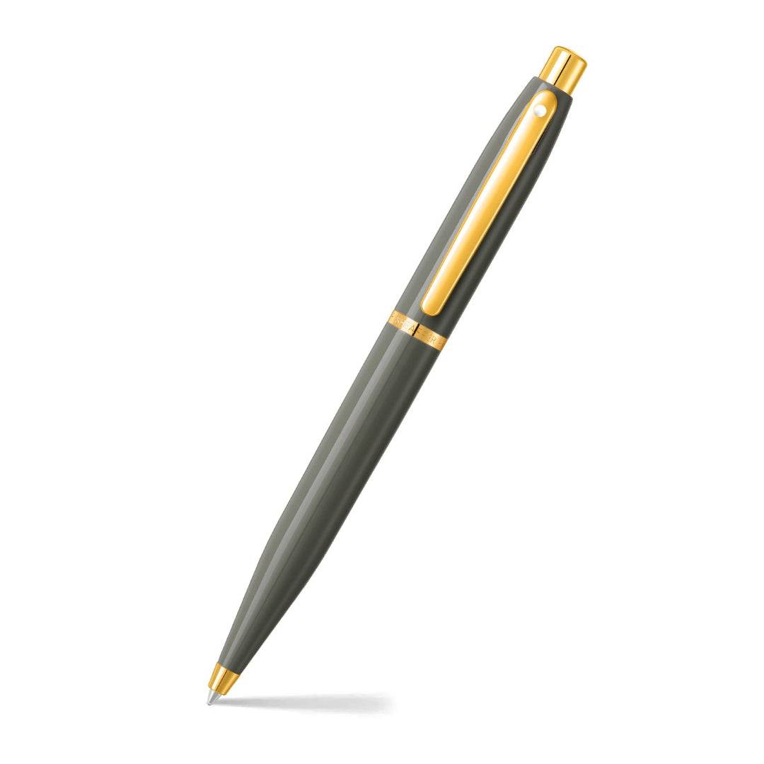 Sheaffer VFM 9427 Glossy Light Gray Ballpoint Pen With PVD Gold-Tone Trim angled writing shot