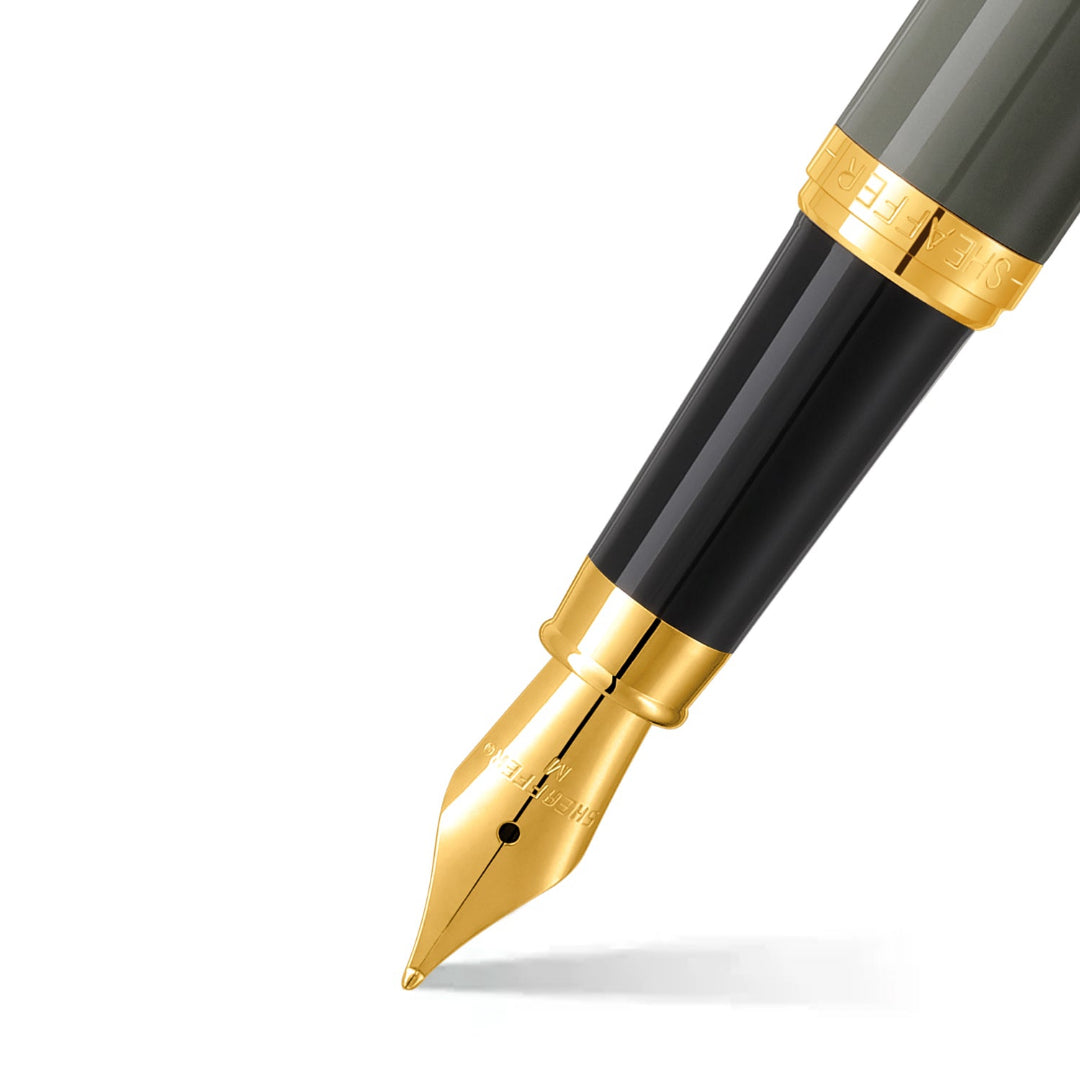 Sheaffer VFM 9427 Glossy Light Gray Fountain Pen With PVD Gold-Tone Trim - Medium Nib barrel and tip section
