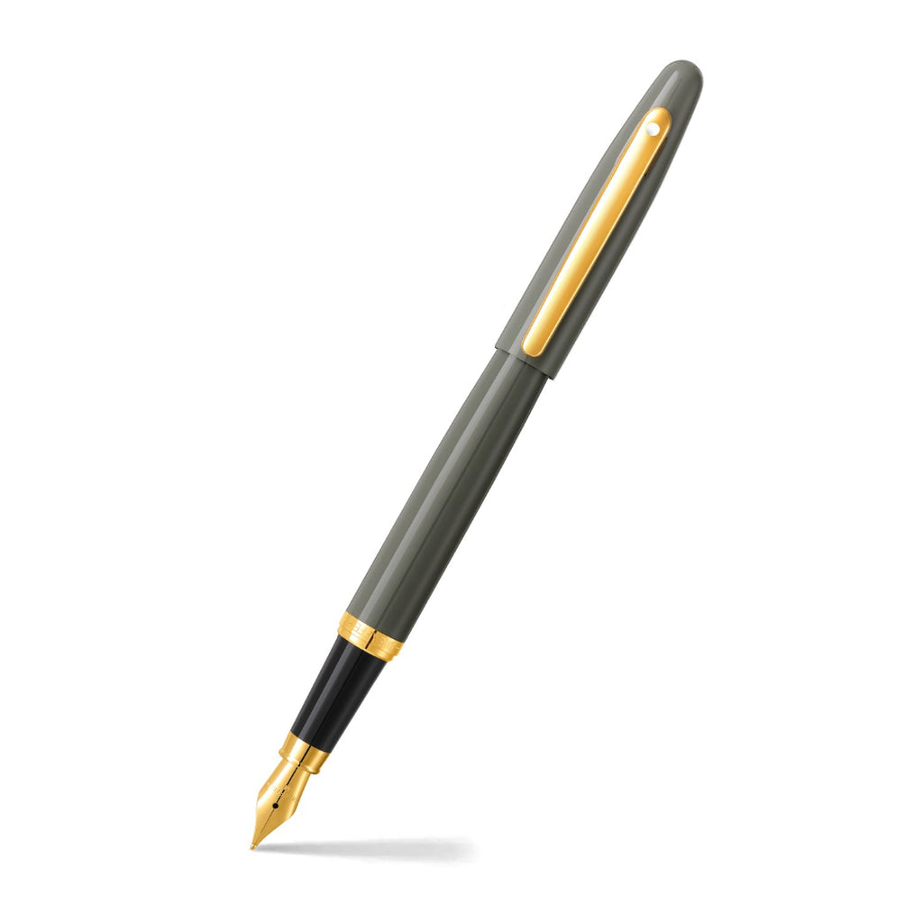 Sheaffer VFM 9427 Glossy Light Gray Fountain Pen With PVD Gold-Tone Trim - Medium Nib angled writing shot