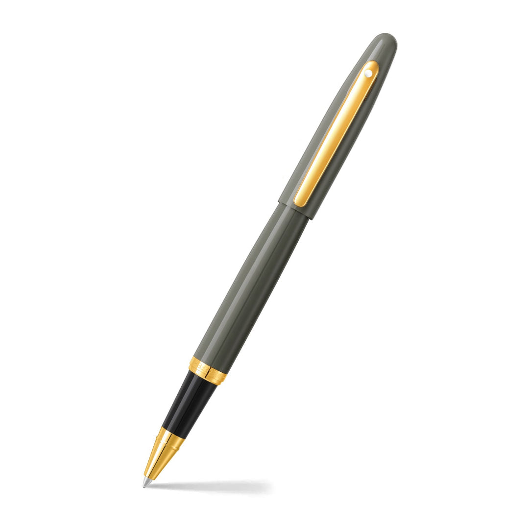Sheaffer VFM 9427 Glossy Light Gray Rollerball Pen With PVD Gold-Tone Trim angled writing shot