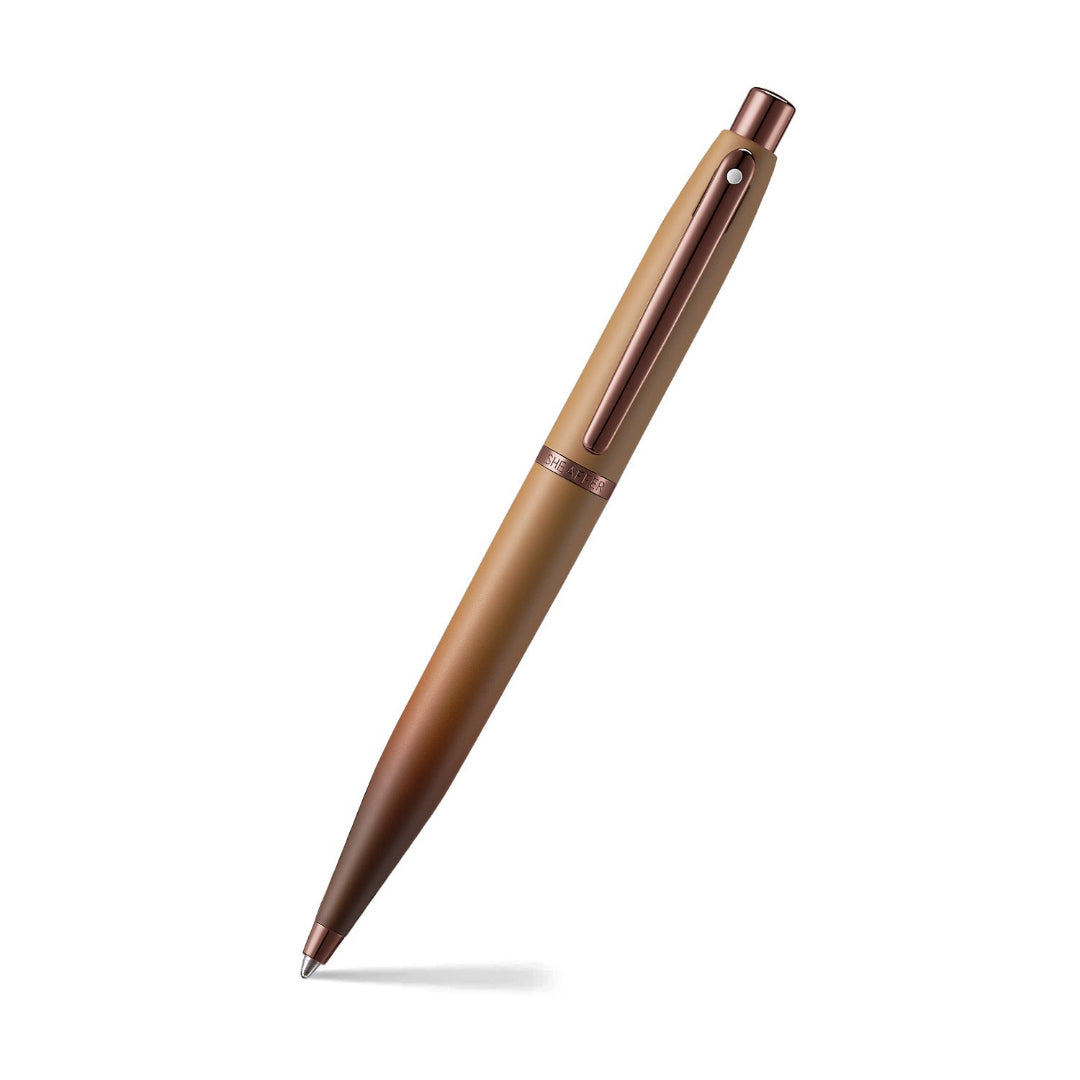 Sheaffer VFM 9428 Coffee Edition Matt Brown Ballpoint Pen with Regal Brown PVD Trims angled writing shot