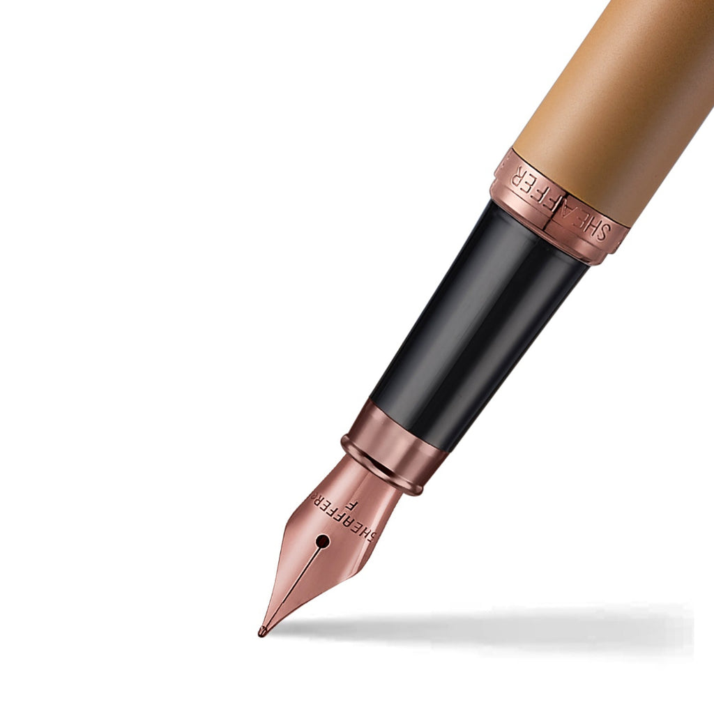 Sheaffer VFM 9428 Coffee Edition Matt Brown Fountain Pen with Regal Brown PVD Trims close up nib