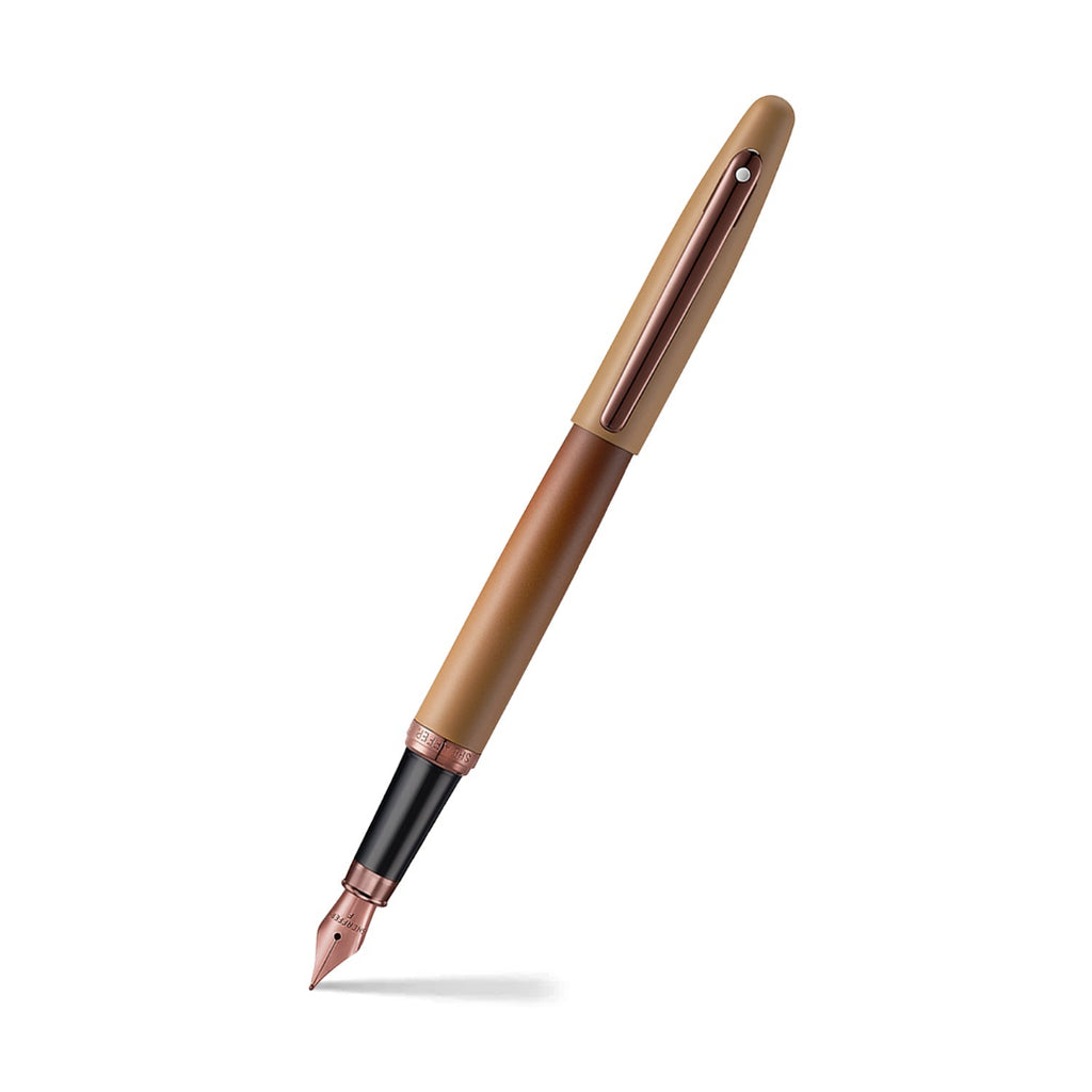 Sheaffer VFM 9428 Coffee Edition Matt Brown Fountain Pen with Regal Brown PVD Trims angled writing shot