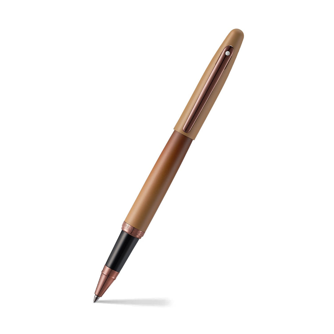 Sheaffer VFM 9428 Coffee Edition Matt Brown Rollerball Pen with Regal Brown PVD Trims angled writing shot