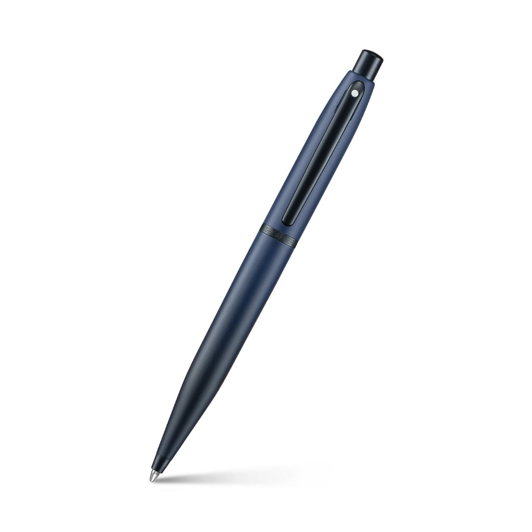 Sheaffer VFM 9429 Matte Blue Ballpoint Pen with Matte Black Trims angled writing shot