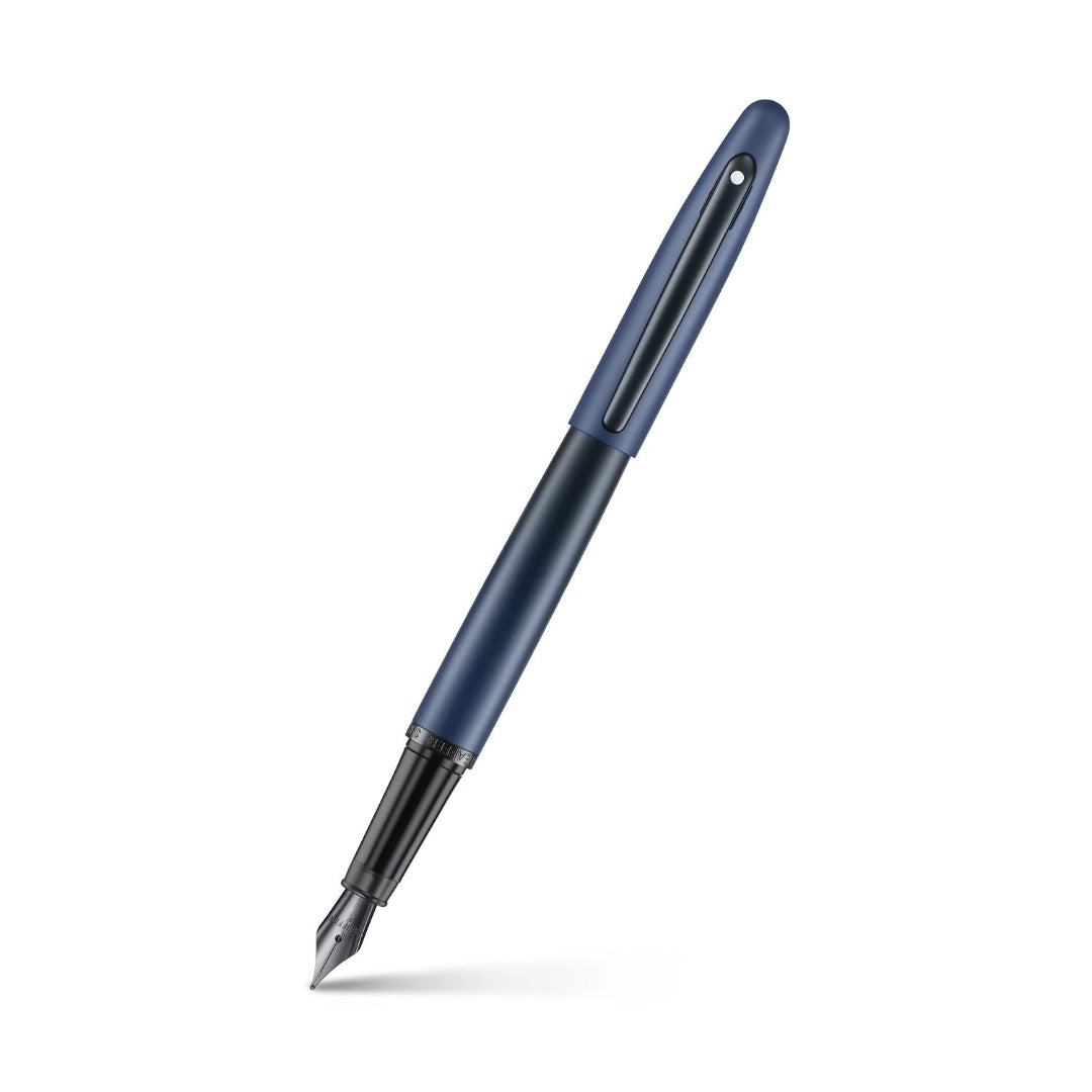 Sheaffer VFM 9429 Matte Blue Fountain Pen With Matte Black Trims angled writing shot