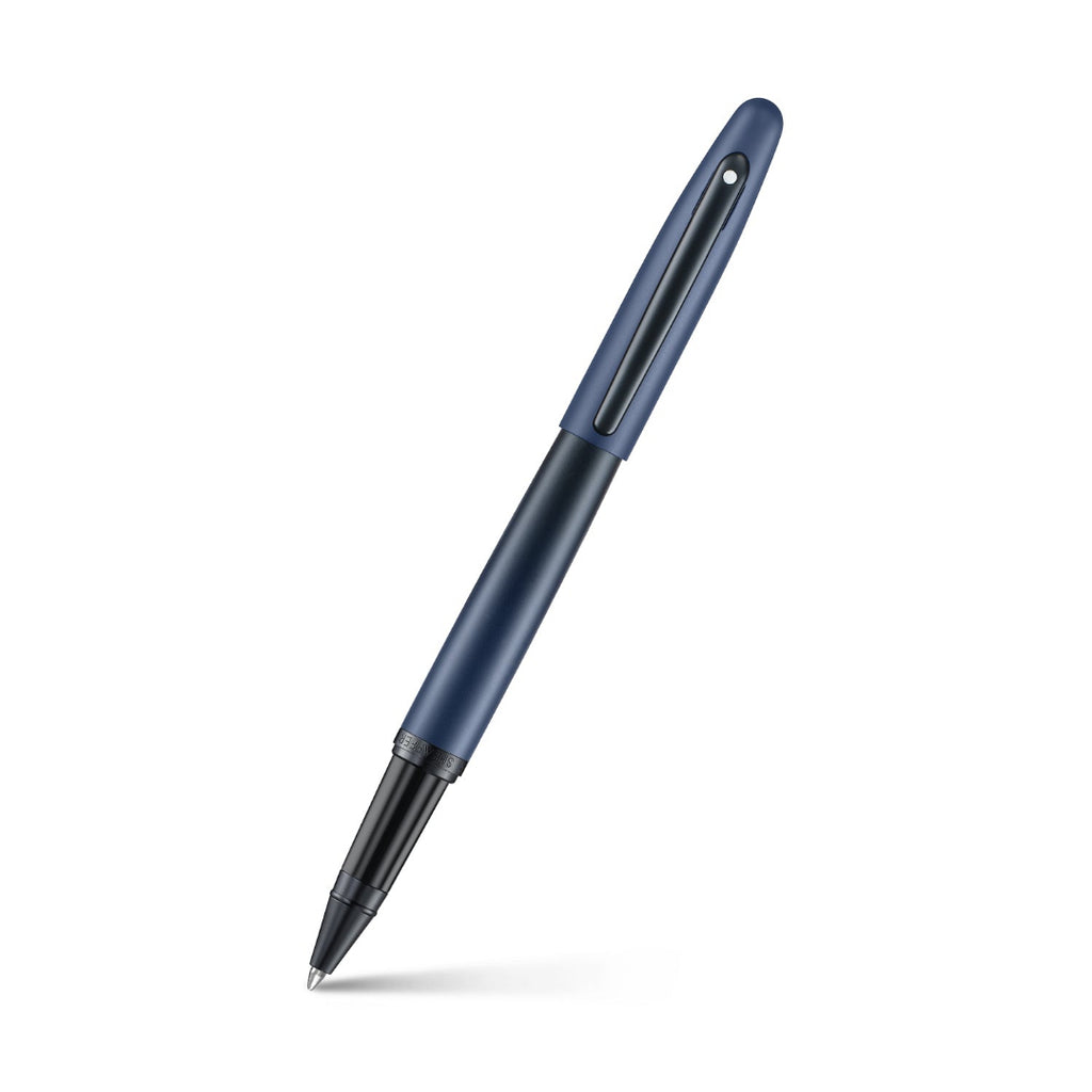 Sheaffer VFM 9429 Matte Blue Rollerball Pen With Matte Black Trims angled writing shot