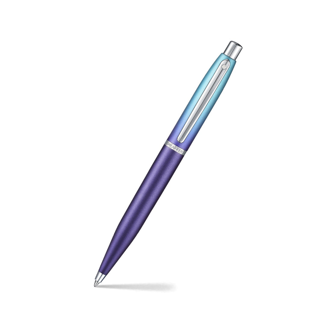 Sheaffer VFM 9430 Expressions Blue and Purple Pearlised Gradient Ballpoint Pen with Chrome-Plated Trims angled writing shot