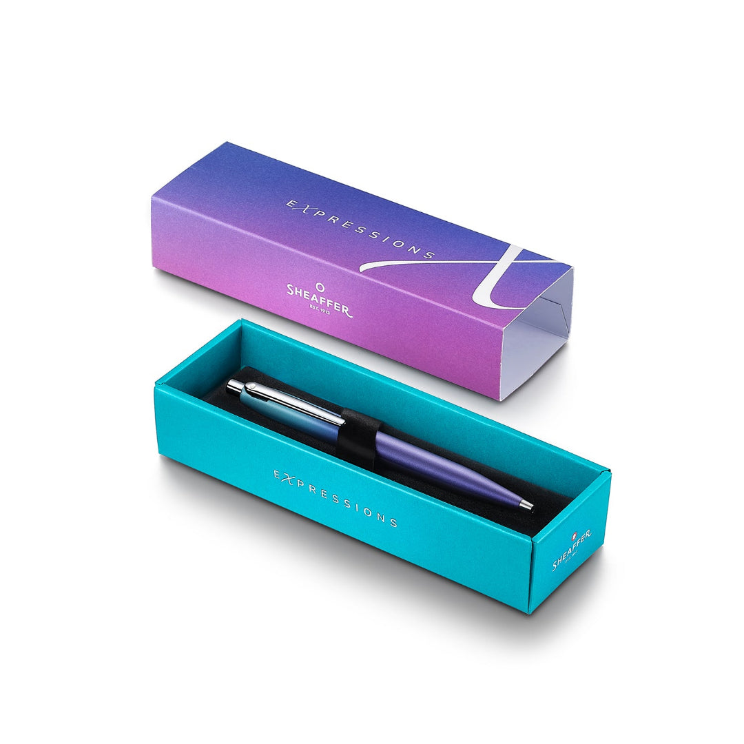 Sheaffer VFM 9430 Expressions Blue and Purple Pearlised Gradient Ballpoint Pen with Chrome-Plated Trims ww31 expressions gift box open