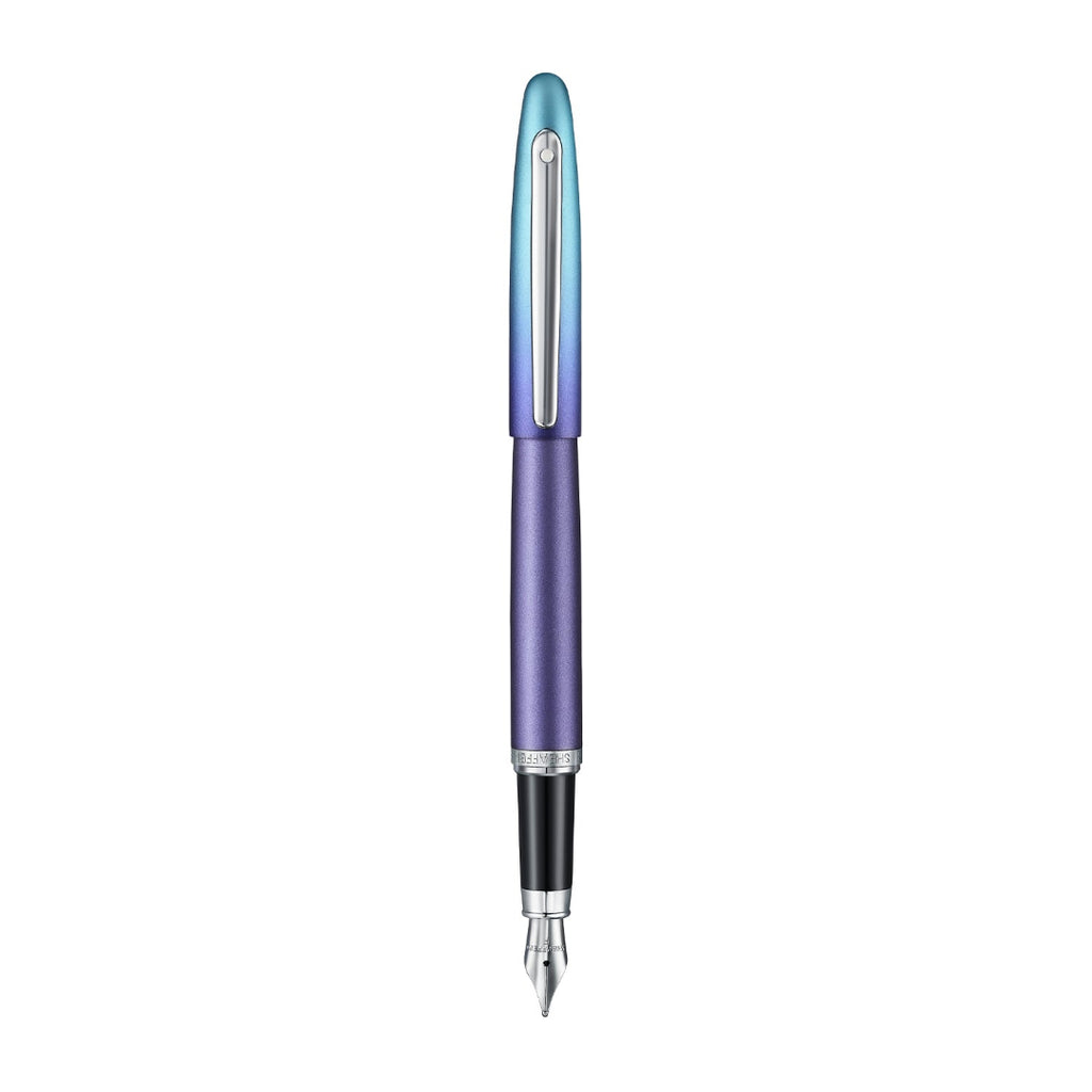 Sheaffer VFM 9430 Expressions Blue and Purple Pearlised Gradient Fountain Pen with Chrome-Plated Trims full upright view