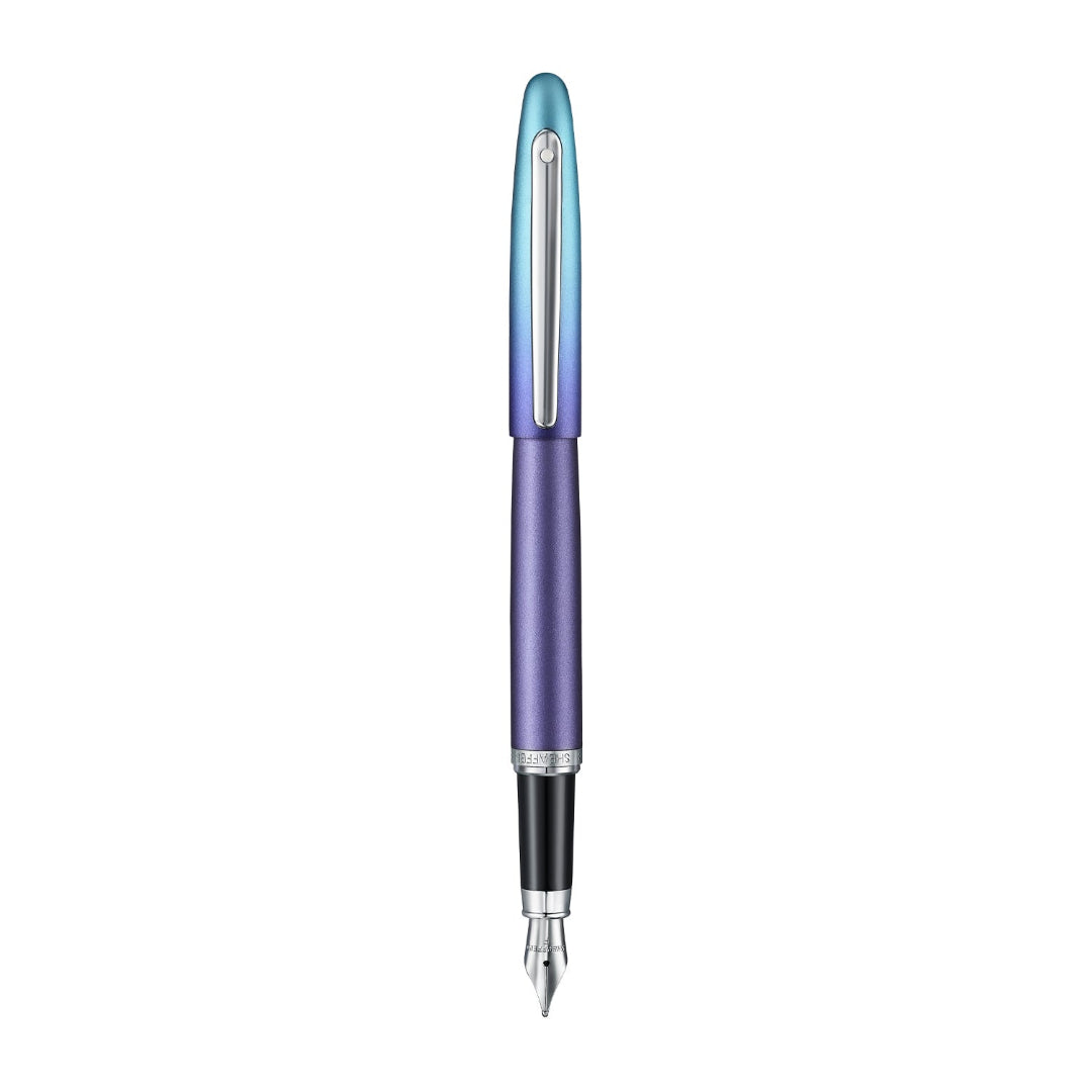 Sheaffer VFM 9430 Expressions Blue and Purple Pearlised Gradient Fountain Pen with Chrome-Plated Trims full upright view