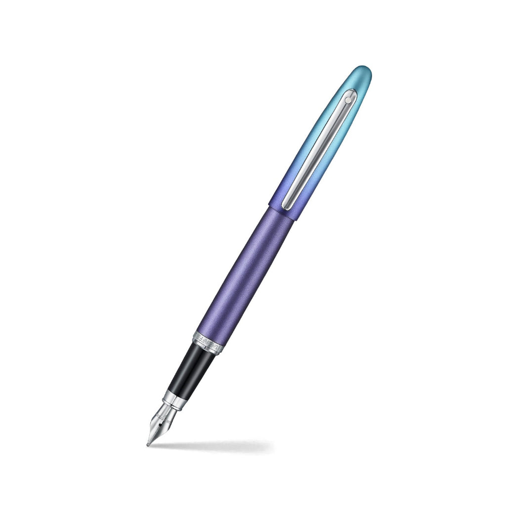 Sheaffer VFM 9430 Expressions Blue and Purple Pearlised Gradient Fountain Pen with Chrome-Plated Trims angled writing shot