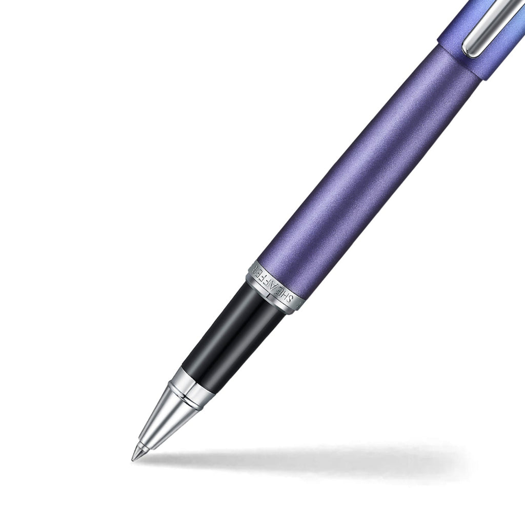Sheaffer VFM 9430 Expressions Blue and Purple Pearlised Gradient Rollerball Pen with Chrome-Plated Trims barrel and tip section 